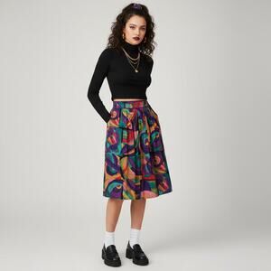 Vintage 80s/90s Abstract Rayon Pleated Skirt – Size 16